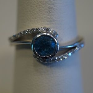 14KW Gold Genuine Swiss Blue Topaz & Diamond Ring